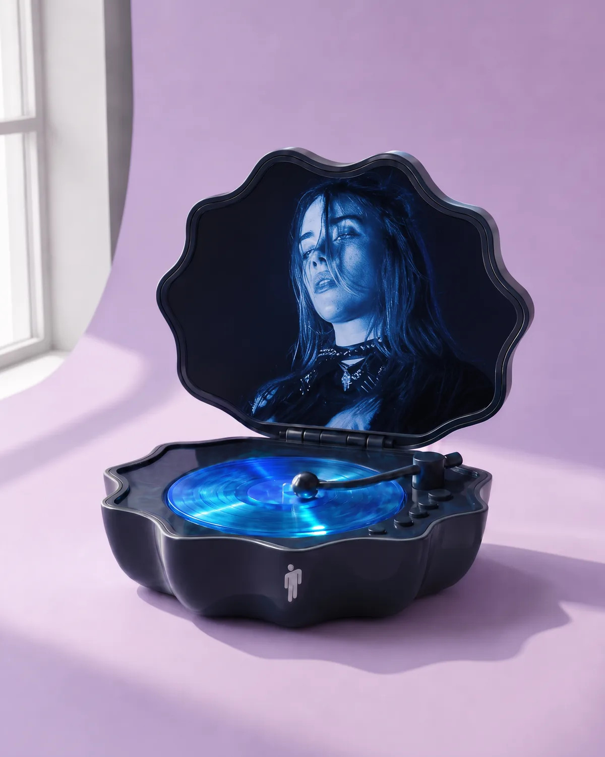 Billie Glow shell speaker open on a lilac studio background