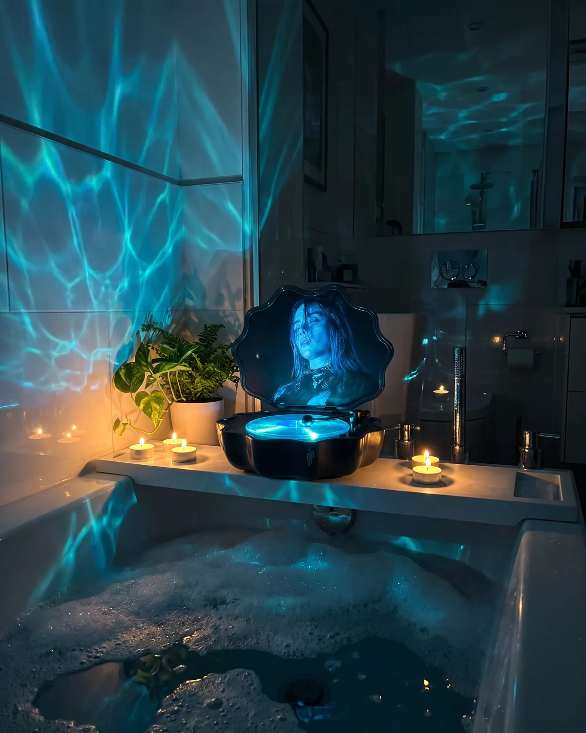 Billie Glow shell speaker projecting ocean waves over a candlelit bathtub